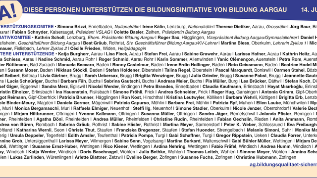 Das Inserat zeigt die Namen von Unterstützenden unserer Bildungsinitiative